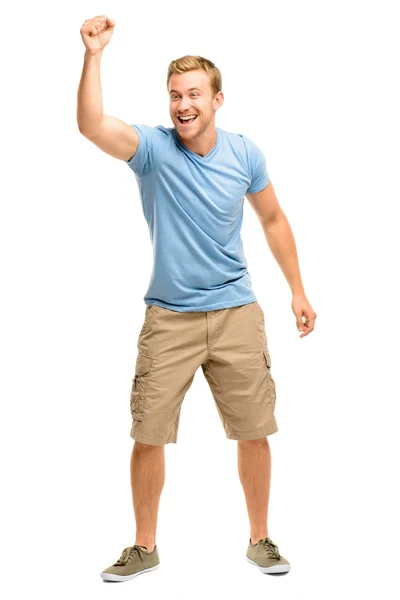 Jovem feliz celebrando o sucesso isolado no branco — Fotografia de Stock