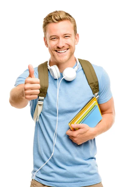 Confident young student thumbs up sign on white background — Stock Photo, Image