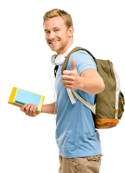 Jistý mladý student palec nahoru znamení na bílém pozadí — Stock fotografie