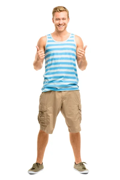 Homem feliz dando polegares para cima sinal - retrato de comprimento total no branco — Fotografia de Stock