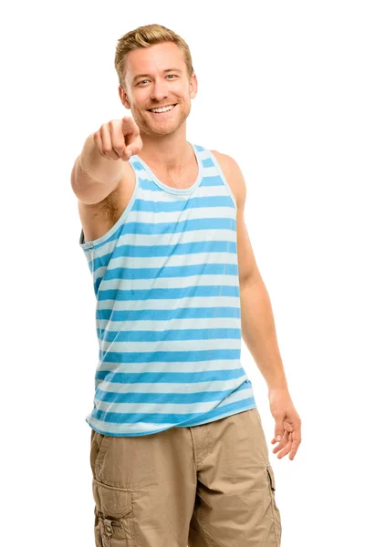 Homem feliz apontando - retrato sobre fundo branco — Fotografia de Stock