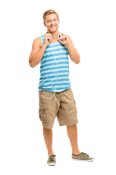 Seksowny, młody człowiek sobie słuchawki na białym tle — Zdjęcie stockowe
