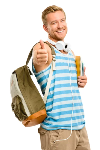 Confident young student thumbs up sign on white background — Stock Photo, Image