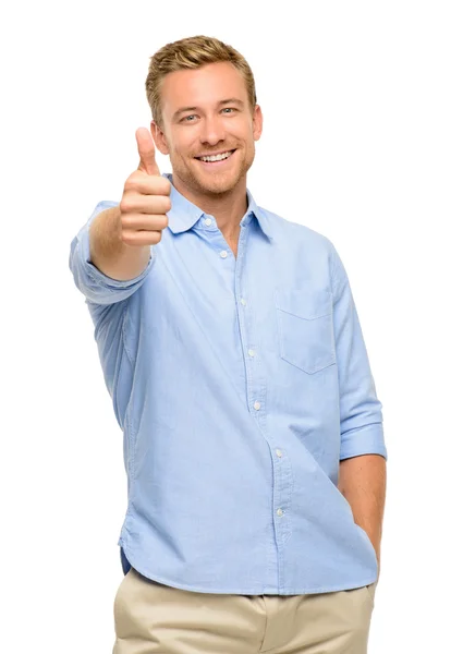 Homem feliz polegares para cima sinal de comprimento total retrato no fundo branco — Fotografia de Stock