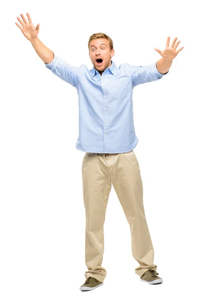 Happy young man celebrating success on white background — Stock Photo, Image