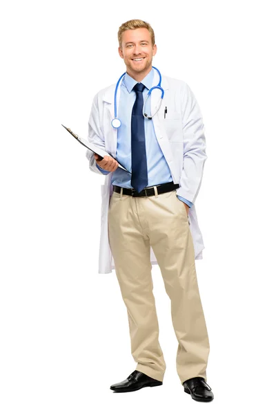 Po celé délce jistý mladý lékař na bílém pozadí — Stock fotografie