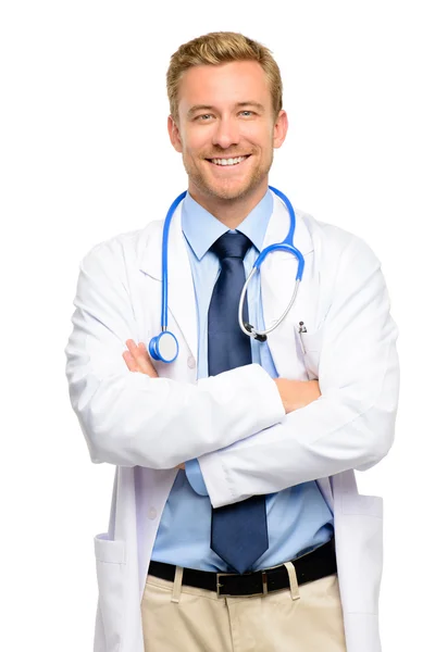 Full length of confident young doctor on white background — Stock Photo, Image