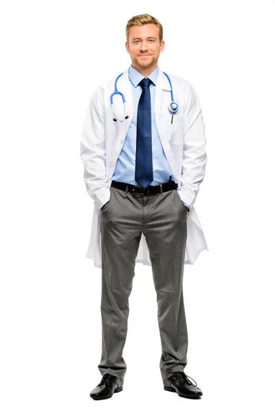 Full length of confident young doctor on white background — Stock Photo, Image