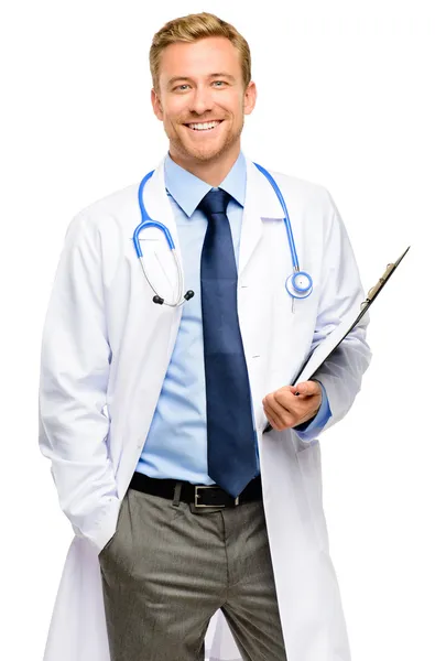 Portrait of confident young doctor on white background — Stock Photo, Image