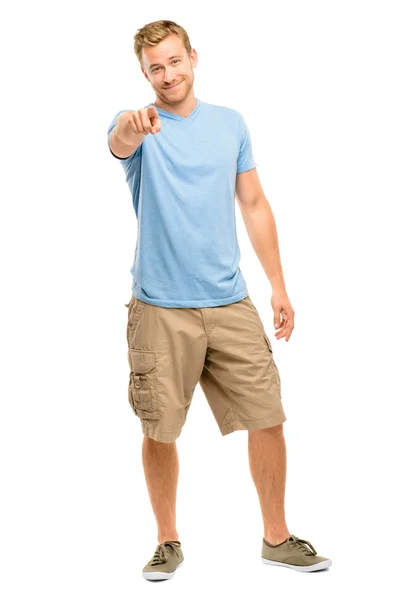 Happy man pointing - full length portrait on white background Royalty Free Stock Photos