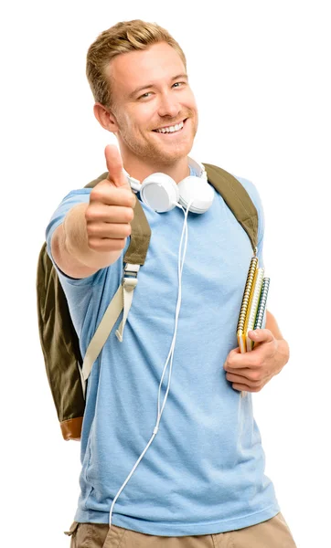 Confident young student thumbs up sign on white background Stock Photo