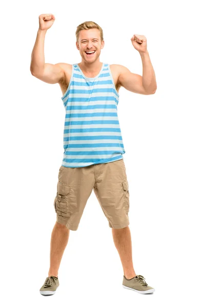 Happy young man celebrating success on white background Stock Picture