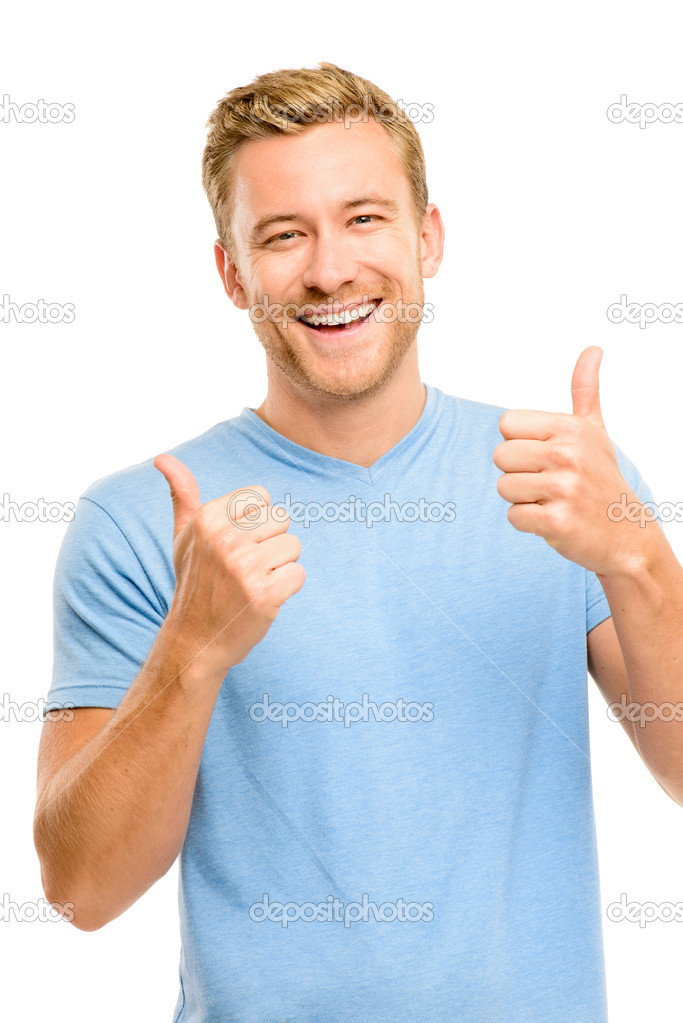 Happy man thumbs up sign full length portrait on white backgroun