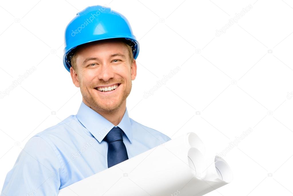 Happy young businessman architect on white background