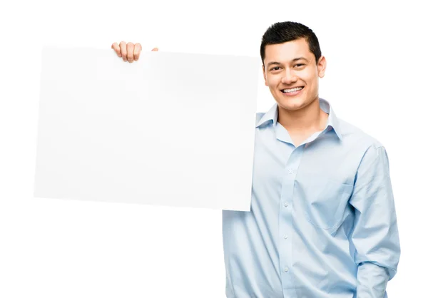 Азиатский бизнесмен указывает на белый рекламный щит на белом фоне — стоковое фото