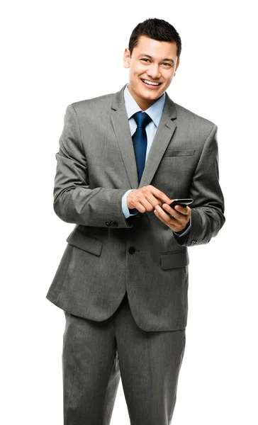 Empresário asiático usando telefone celular isolado fundo branco — Fotografia de Stock