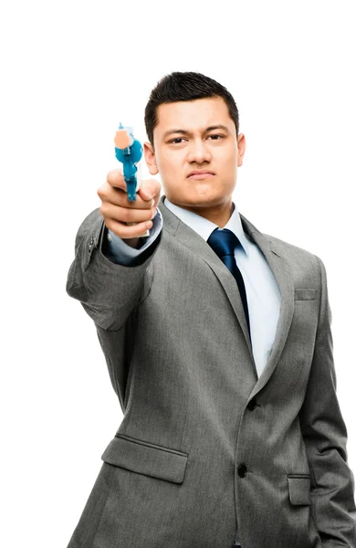 Gemengd ras zakenman aanwijsapparaat pistool geïsoleerd op witte achtergrond — Stockfoto