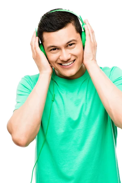 Atractivo asiático estudiante hombre sonriendo en blanco fondo — Foto de Stock