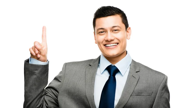 Happy mixed race businessman has an idea isolated on white Stock Picture