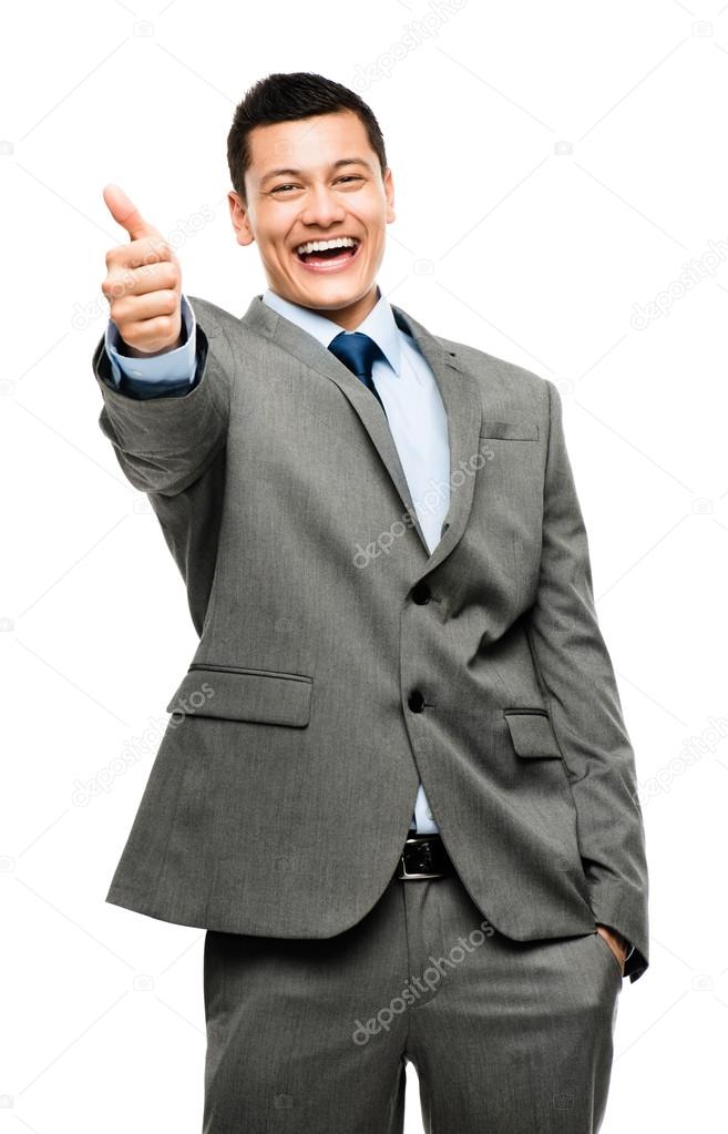 Excited Asian businessman giving thumbs up sign