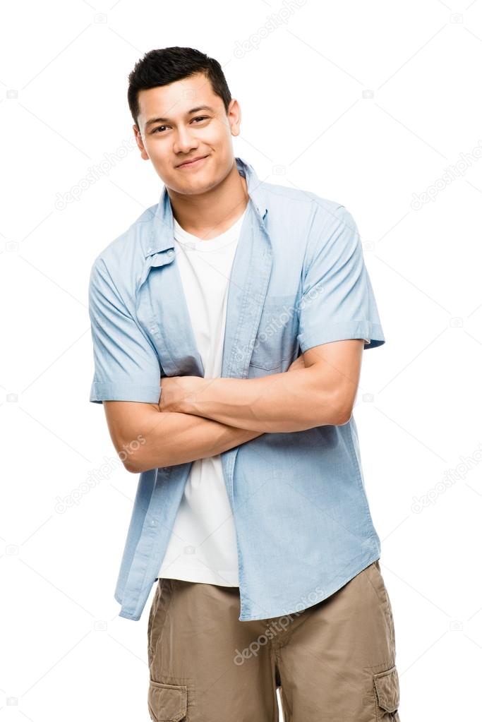 Attractive Asian man smiling on white background