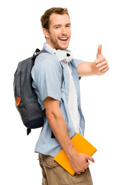 mutlu genç erkek öğrenci yukarı işareti veriyor