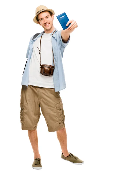 Full length portrait of happy tourist photographer man on white — Stock Photo, Image