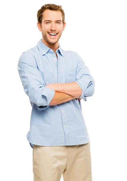 Feliz joven brazos cruzados sonriendo sobre fondo blanco — Foto de Stock