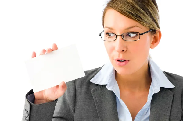 Young Attractive Business Woman Holding A Blank Business Card — Stock Photo, Image