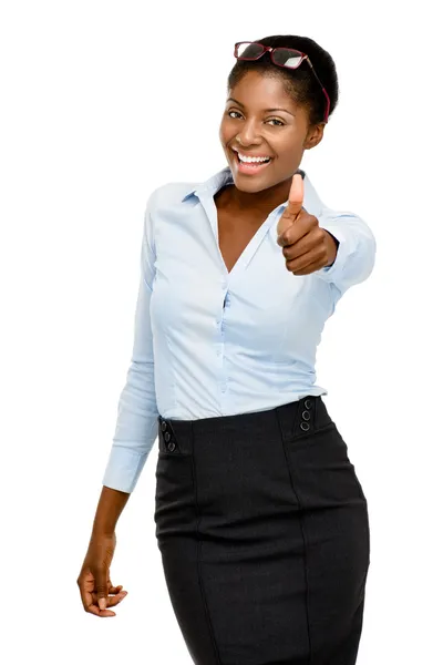 Atraente afro-americano empresária polegares para cima no branco bac — Fotografia de Stock