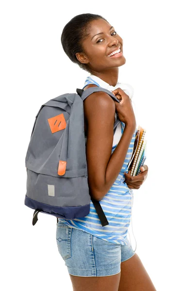 Mulher estudante afro-americana bem sucedida que volta para a escola — Fotografia de Stock