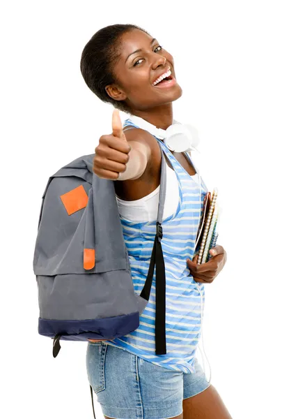 Successful African American student woman holding thumbs up — Stock Photo, Image