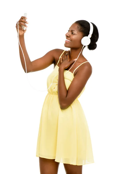 African American young woman video messaging white background — Stock Photo, Image