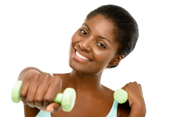 Healthy African American woman excercising with dumbbells — Stock Photo, Image