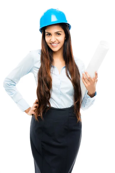 Retrato de la hermosa arquitecta india sobre fondo blanco —  Fotos de Stock