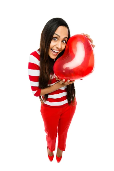 Valentines day portrait of Pretty Indian woman holding red heart — Stock Photo, Image
