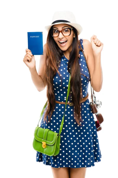 Indian woman tourist is geek white background — Stock Photo, Image