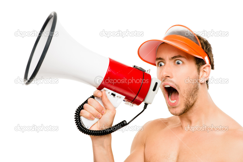 Closeup of crazy lifeguard man shouting in megaphone on white