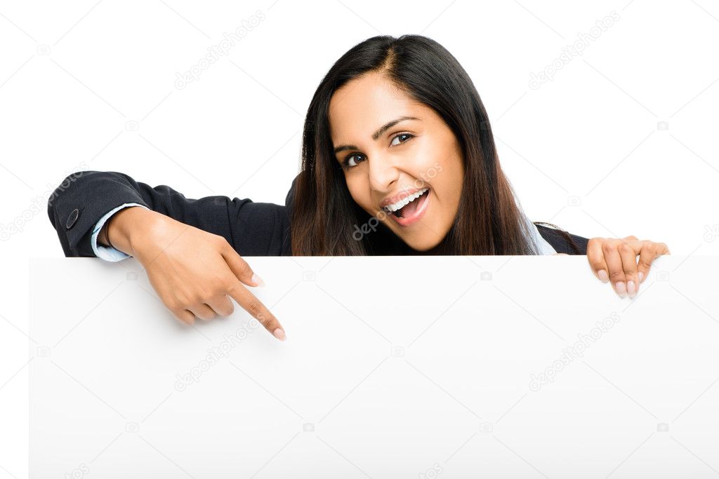 Attractive young indian woman holding billboard
