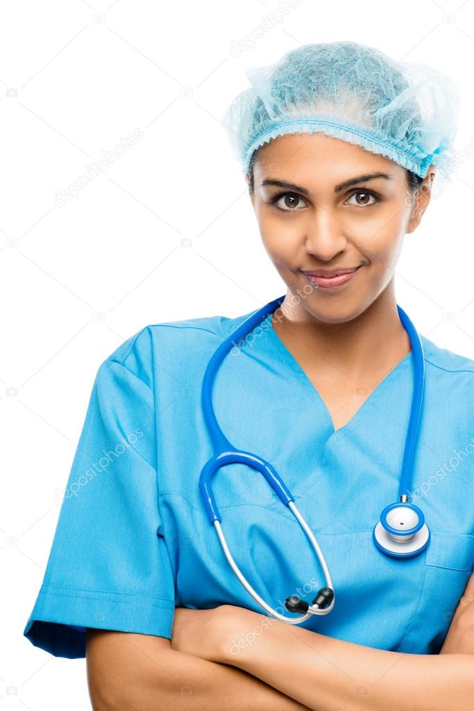 Closeup confident Indian doctor surgeon on white background