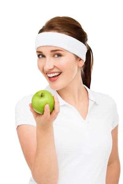 Genç kadın elinde yeşil elma tutuyor. — Stok fotoğraf