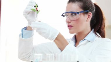 Laboratuarda gülümseyerek ve holding bir bitki duran öğrenci