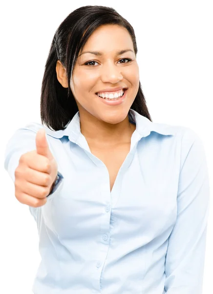 Szczęśliwy mieszanej rasy biznes kobieta na białym tle na tył biały kciuki — Zdjęcie stockowe