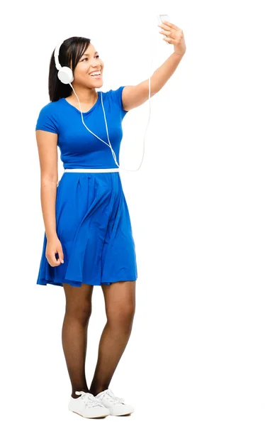 Pretty mixed race woman video messaging mobile phone isolated on — Stock Photo, Image