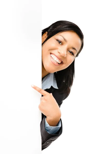 Happy mixed race business woman pointing at empty copy space iso — Stock Photo, Image