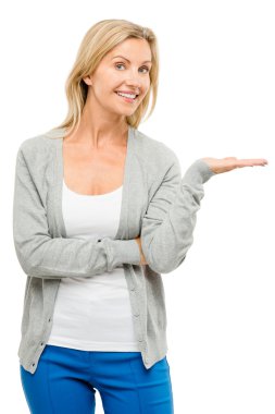 Olgun kadın boş alan mutlu beyaz backgr izole gösterilen