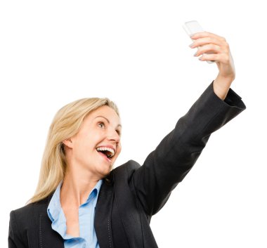 video mesajlaşma mobil telefon kadın olgun beyaz zemin üzerine izole mutlu