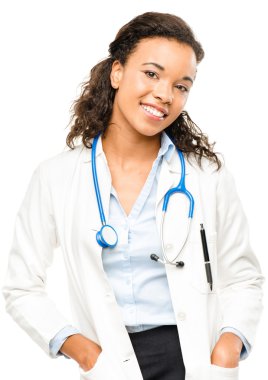 Afrika kökenli Amerikalı doktor gülümseyen izole beyaz arka plan üzerinde mutlu