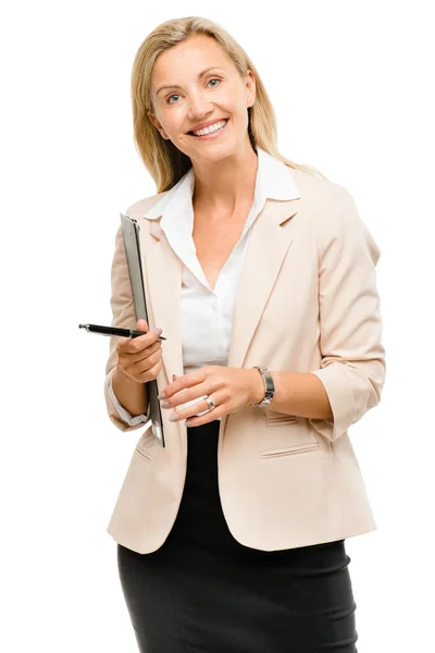 Happy mature businsswoman holding clipboard — Stock Photo, Image