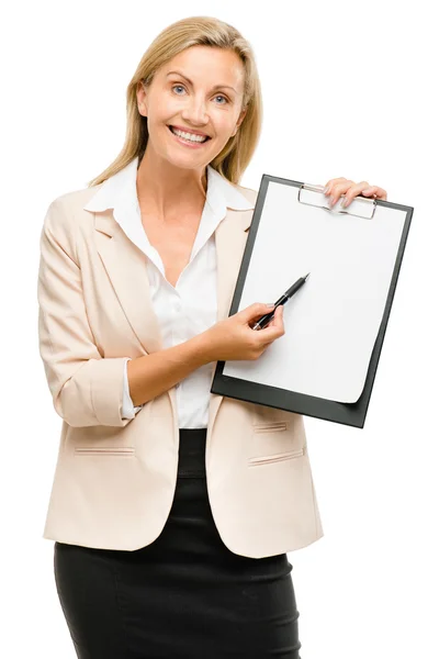 Happy mature businsswoman holding clipboard — Stock Photo, Image